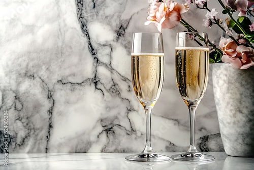 An elegant toast with champagne glasses set against a marble backdrop with flowers makes for a perfect Mother's Day celebration concept for luxury beverage ads.