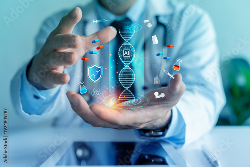 Foto Doctor holding AI DNA hologram with medicine icons for precision healthcare and