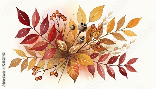 Watercolor Autumn Leaves Arrangement with Red and Golden Foliage and Berries