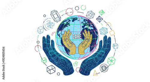 Hands cradling the earth with geometric shapes in a circular design