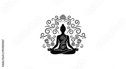 Serene silhouette meditating in lotus pose, surrounded by ornate spiritual mandala pattern.