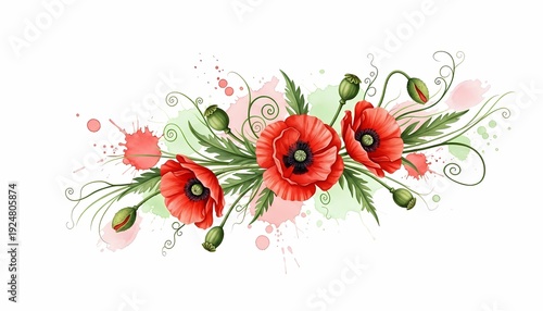 Watercolor Red Poppy Floral Arrangement with Artistic Paint Splashes