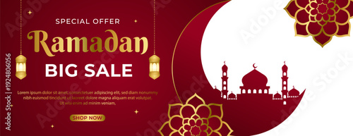 Ramadan big sale banner template with Islamic ornament, lantern, crescent moon and mosque. Red background with gold accents