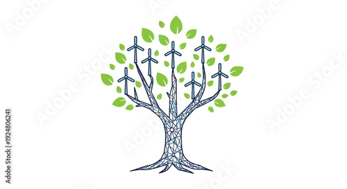 Wind turbines forming the leaves of a tree symbolizing green energy