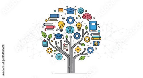 A tree composed of icons representing education learning and intelligence