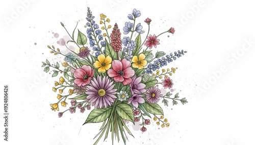 Hand Drawn Wildflower Bouquet with Colorful Botanical Illustration