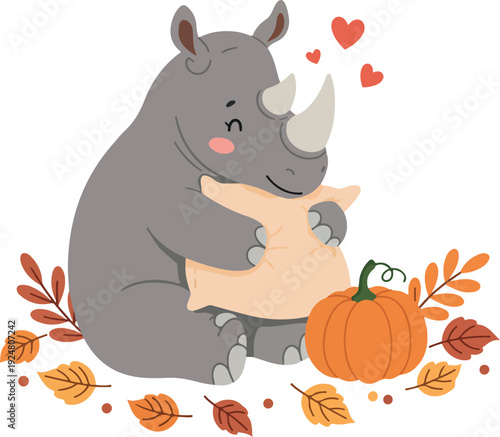 Cute Rhino Hugs Pillow Autumn Leaves Pumpkin Hearts Vector Art