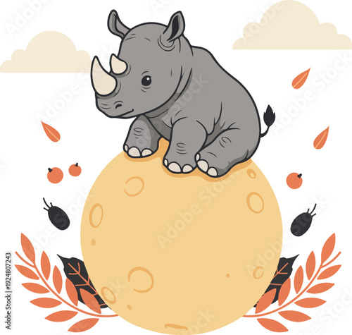 Cute Rhino Sitting on Moon Sky Background Autumn Leaves