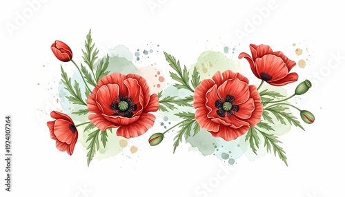 Watercolor Red Poppy Flowers with Green Leaves on Soft Splash Background