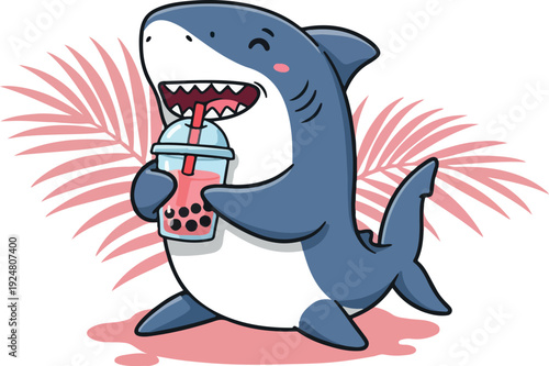 Cute Shark Drinking Boba Tea with Palm Leaves Flat Design Vector