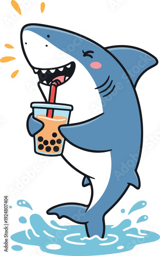 Cute Shark Drinking Bubble Tea on White Background Vector Art
