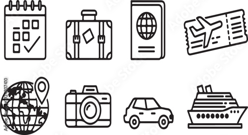 Illustrations of travel essentials and activities for a perfect vacation. Vector