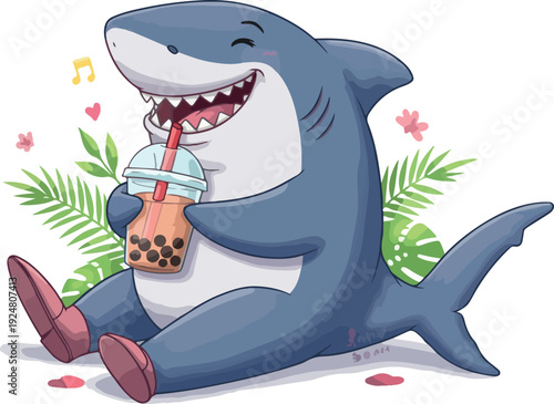 Cute Shark Enjoying Boba Tea With Tropical Leaves