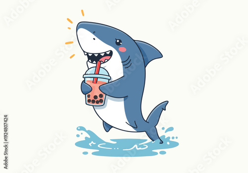 Cute Shark With Boba Drink Vector Minimalist Illustration Flat Design