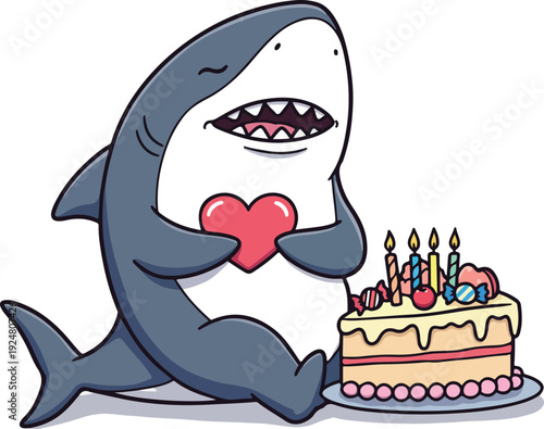 Cute Shark Holding Heart Next To Birthday Cake With Candles