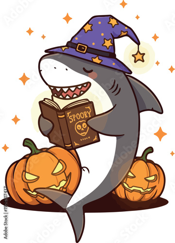 Cute Shark Wizard Reading Spooky Book With Pumpkins Halloween Flat Design