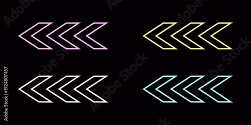 Arrow neon on brick wall. Realistic shining signboard. Glowing neon arrow pointer on brick wall background. Retro signboard with bright neon tubes. Color neon banner. Night bright advertising.