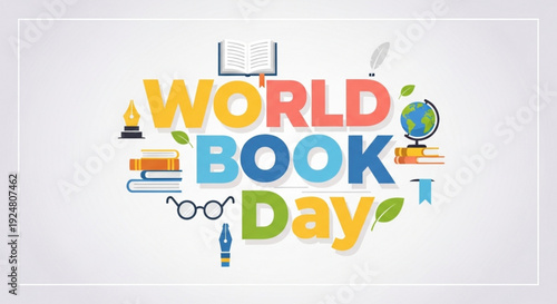 Vibrant world book day celebration with colorful text and educational icons on white background