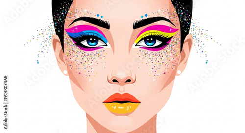 Woman with colorful makeup and glitter on face artistic illustration for creative projects and designs