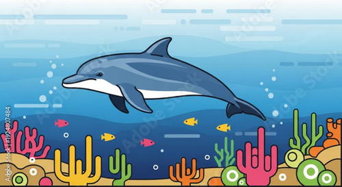 Dolphin swims underwater surrounded by vibrant coral reef and schools of small fish in ocean
