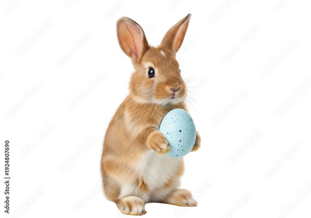 Obraz premium A cute brown bunny holding a blue easter egg against a white background.