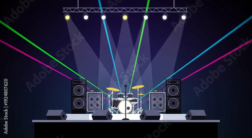 Concert stage with drum set and speakers under colorful laser lights and spotlights