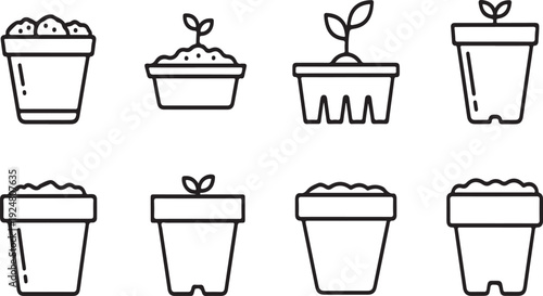 Eight different types of flower pots with and without plants Vector