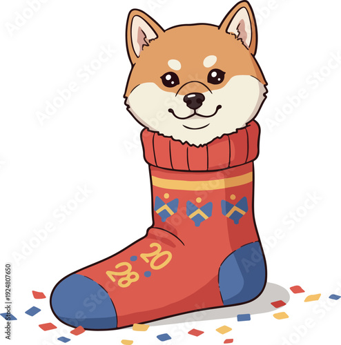 Cute Shiba Inu Dog Head In Festive Red Sock With 2020 Graphics