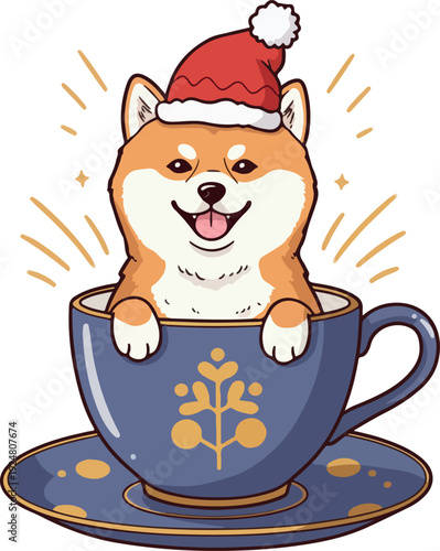 Cute Shiba Inu Dog in Santa Hat Peeking From Blue Teacup