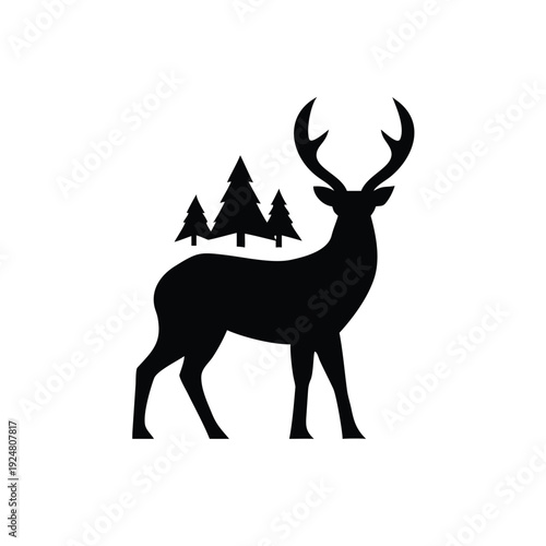 Deer silhouette standing in forest landscape illustration