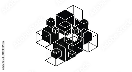 Abstract geometric composition of interconnected black and white cubes, representing complexity and structure.