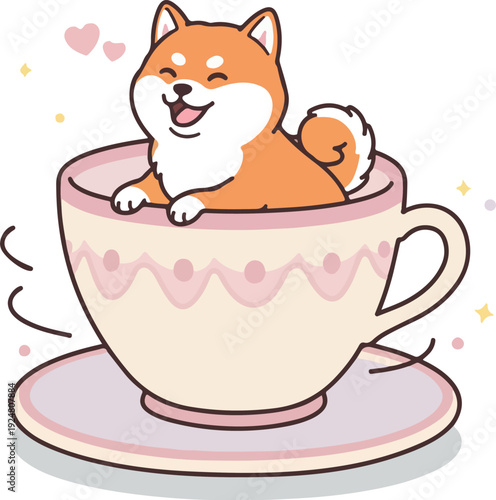 Cute Shiba Inu Dog Smiling In A Teacup Pink And Cream Colors Isolated