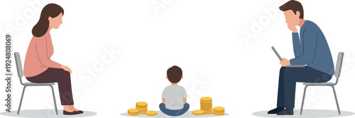 Family Financial Discussion Vector Art With Mom Dad and Child Sitting Around Money