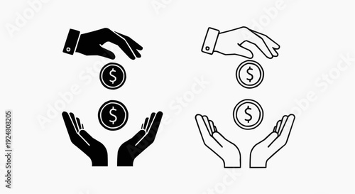 Hand holding dollar coin icon set in flat and line style vector illustration 