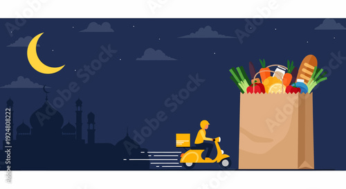 Grocery delivery service at night with scooter and shopping bag.