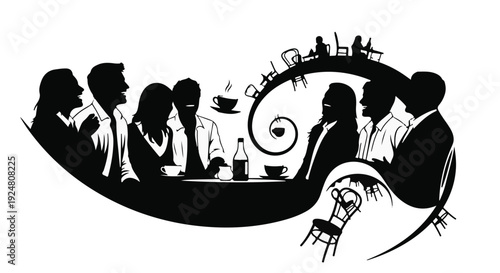 Diverse group of people silhouettes enjoying conversation and drinks at a cafe table.