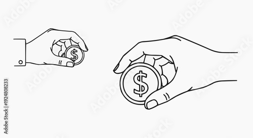 Hand holding dollar coin icon set in flat and line style vector illustration 