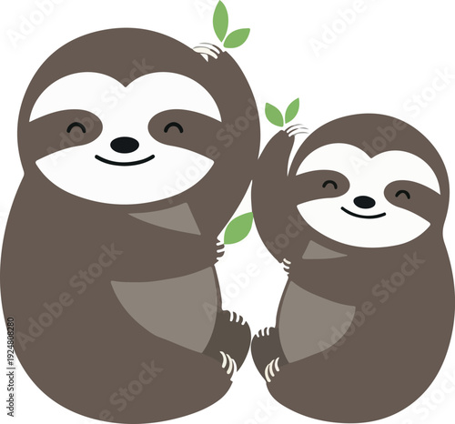 Cute Sloth Family Illustration Flat Design Vector With Green Leaves White Background