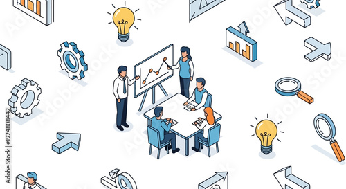 Isometric illustration depicting business strategy teamwork and data analysis