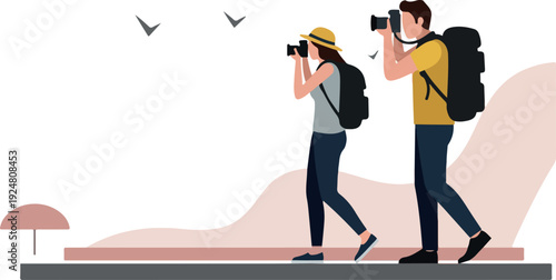 Flat Design Minimalist Vector Illustration of Tourists Taking Photos