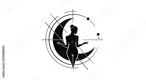 Elegant silhouette of a woman with moon and celestial geometric design, symbolizing cosmic connection