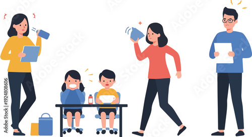 Flat Design Vector Of Stressed Family Dealing With Kids Chaos