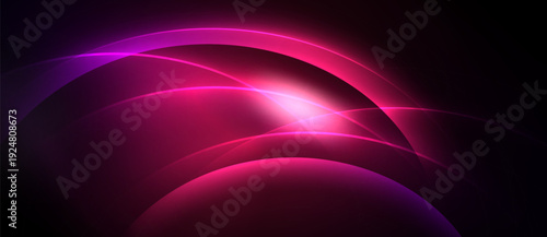 Abstract design features vibrant pink curves, radiating light. Dark background emphasizes glowing shapes, creating dynamic visual effect.