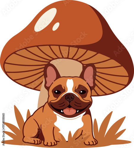 French Bulldog Under Mushroom Flat Design Autumn Illustration