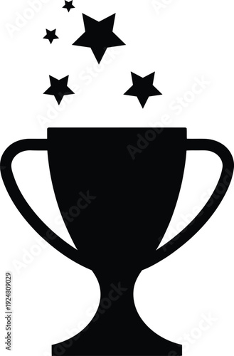 A black trophy with stars emanating from it on a white background.