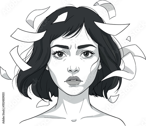 Frustrated Woman Face Papers Flying Around Black Hair Monochromatic Minimalist