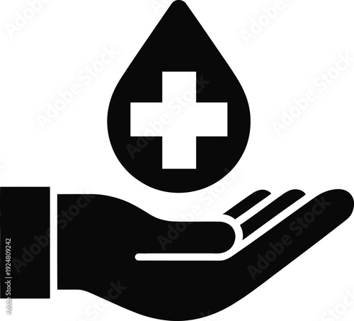 A hand holding a drop of blood with a medical cross symbol inside it.
