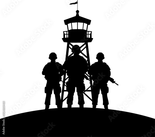 Soldiers and guard tower isolated on white