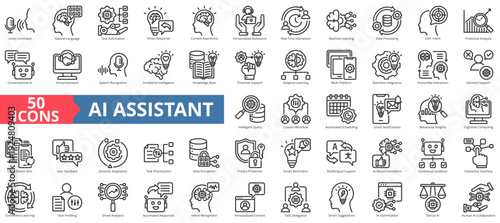 ai assistant icon pack outline contains human collaboration, multi platform, seamless integration, humanlike interaction, intelligent query, cross device sync, continuous learning, user profiling