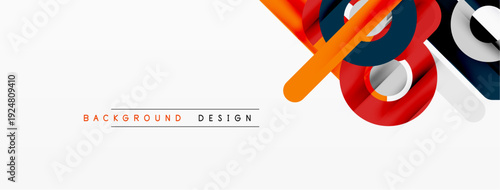 Abstract geometric shapes overlap, creating dynamic visual effect. Red, orange, blue tones dominate white space. Minimalist design.